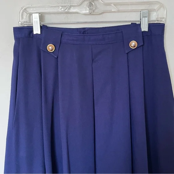 Vintage Navy Pleated Midi Skirt High Waist Gold Button - Picture 3 of 9